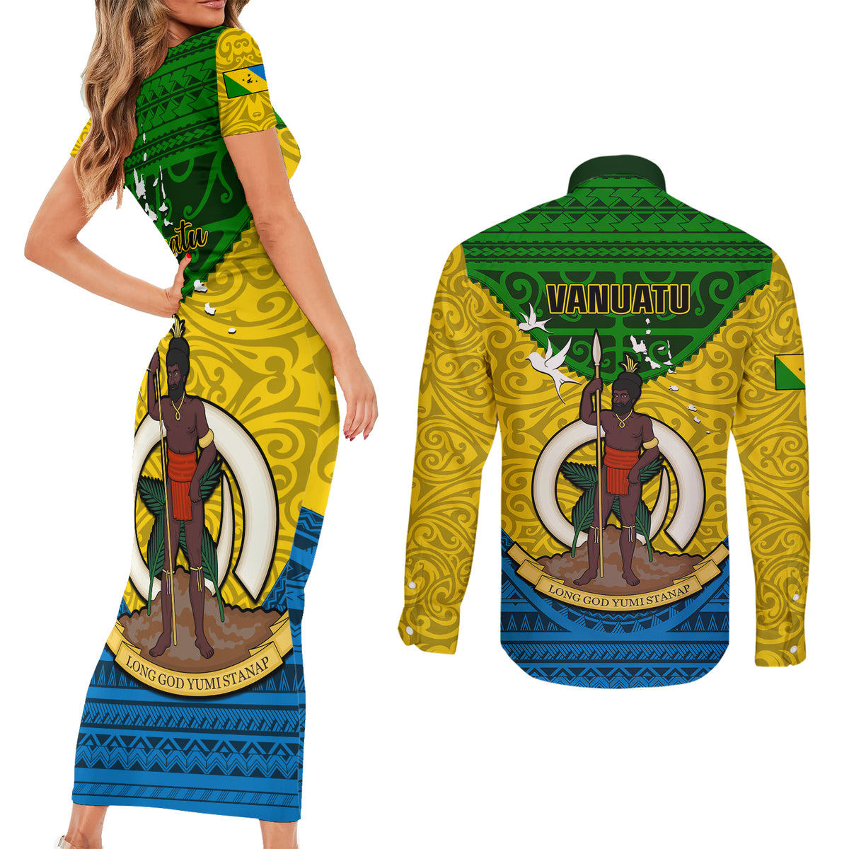 Vanuatu Malampa Province Couples Matching Short Sleeve Bodycon Dress and Long Sleeve Button Shirts Coat Of Arms And Namele Fern Polynesian Pattern LT05 - Polynesian Pride