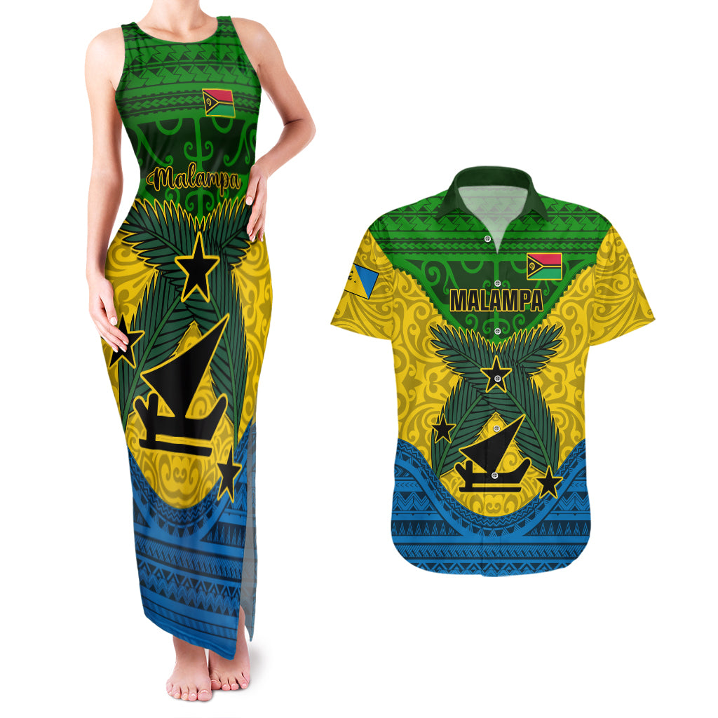 Vanuatu Malampa Province Couples Matching Tank Maxi Dress and Hawaiian Shirt Coat Of Arms And Namele Fern Polynesian Pattern LT05 Yellow - Polynesian Pride