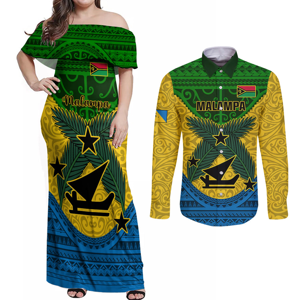 Personalized Vanuatu Malampa Province Couples Matching Off Shoulder Maxi Dress and Long Sleeve Button Shirts Coat Of Arms And Namele Fern Polynesian Pattern LT05 Yellow - Polynesian Pride