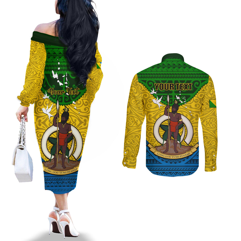 Personalized Vanuatu Malampa Province Couples Matching Off The Shoulder Long Sleeve Dress and Long Sleeve Button Shirts Coat Of Arms And Namele Fern Polynesian Pattern LT05 - Polynesian Pride
