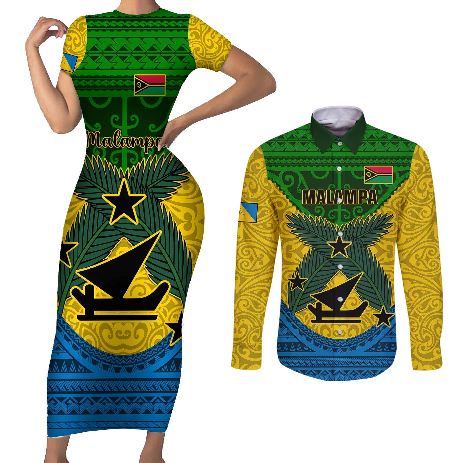 Personalized Vanuatu Malampa Province Couples Matching Short Sleeve Bodycon Dress and Long Sleeve Button Shirts Coat Of Arms And Namele Fern Polynesian Pattern LT05 Yellow - Polynesian Pride
