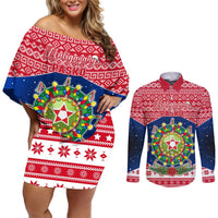 Personalised Philippines Christmas Couples Matching Off Shoulder Short Dress and Long Sleeve Button Shirt Filipino Parol Maligayang Pasko LT05 Red - Polynesian Pride