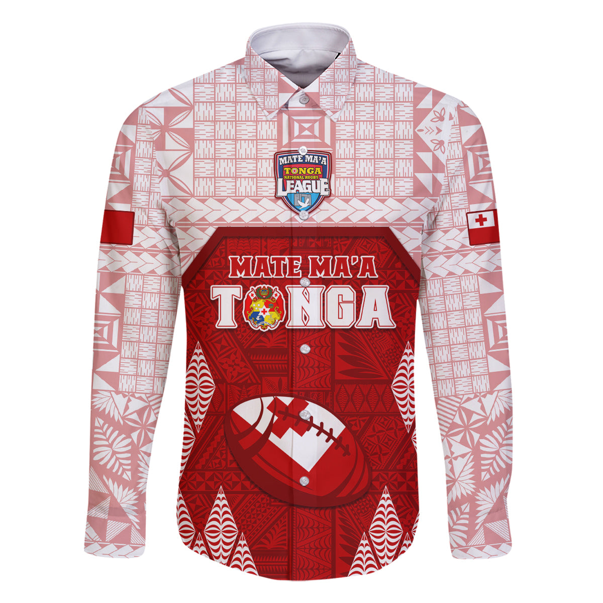 Custom Tonga Rugby Family Matching Off Shoulder Short Dress and Hawaiian Shirt 2023 Pacific Championships Kupesi Ngatu Mate Maa LT05 Dad's Shirt - Long Sleeve Red - Polynesian Pride