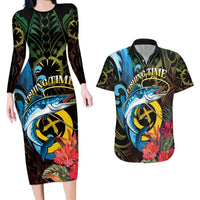 Vanuatu Fishing Couples Matching Long Sleeve Bodycon Dress and Hawaiian Shirt It's Time To Fish LT05 Black - Polynesian Pride