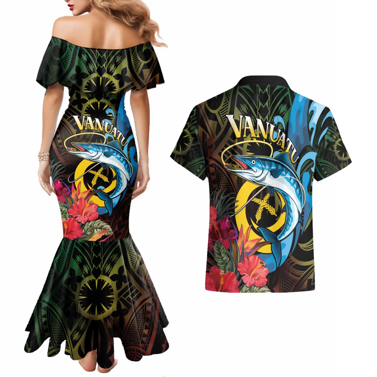 Vanuatu Fishing Couples Matching Mermaid Dress and Hawaiian Shirt It's Time To Fish LT05 - Polynesian Pride