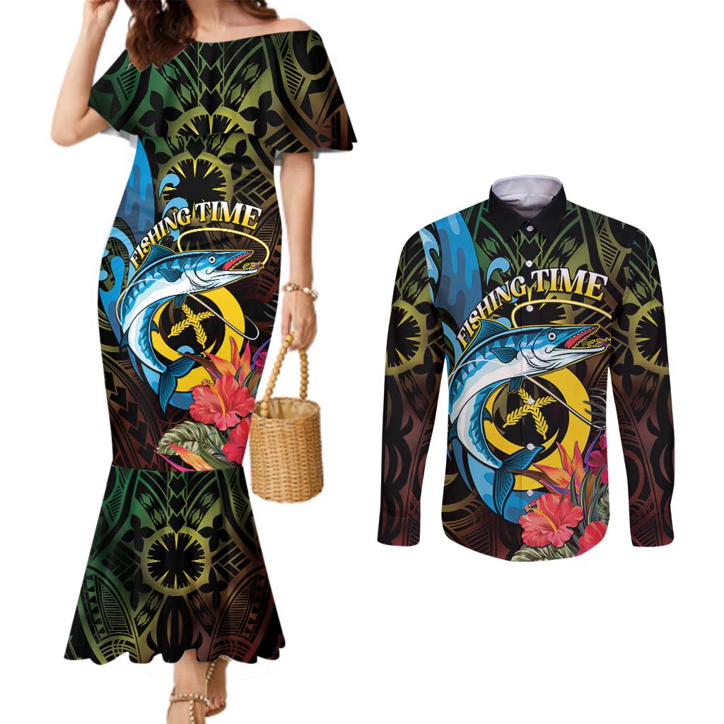 Vanuatu Fishing Couples Matching Mermaid Dress and Long Sleeve Button Shirt It's Time To Fish LT05 Black - Polynesian Pride
