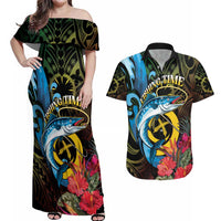 Vanuatu Fishing Couples Matching Off Shoulder Maxi Dress and Hawaiian Shirt It's Time To Fish LT05 Black - Polynesian Pride