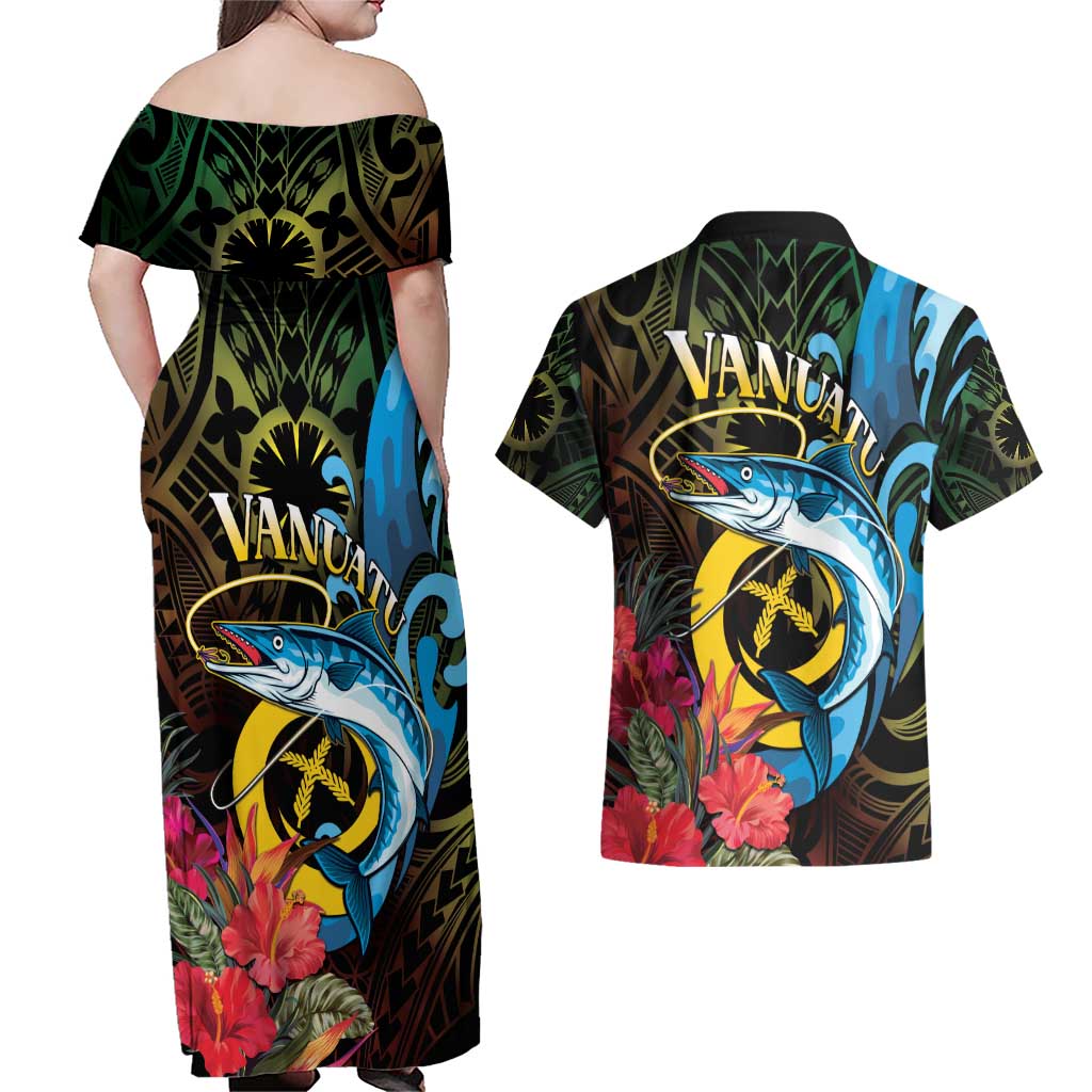 Vanuatu Fishing Couples Matching Off Shoulder Maxi Dress and Hawaiian Shirt It's Time To Fish LT05 - Polynesian Pride