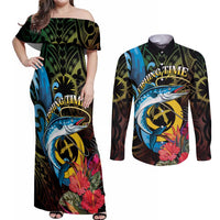 Vanuatu Fishing Couples Matching Off Shoulder Maxi Dress and Long Sleeve Button Shirt It's Time To Fish
