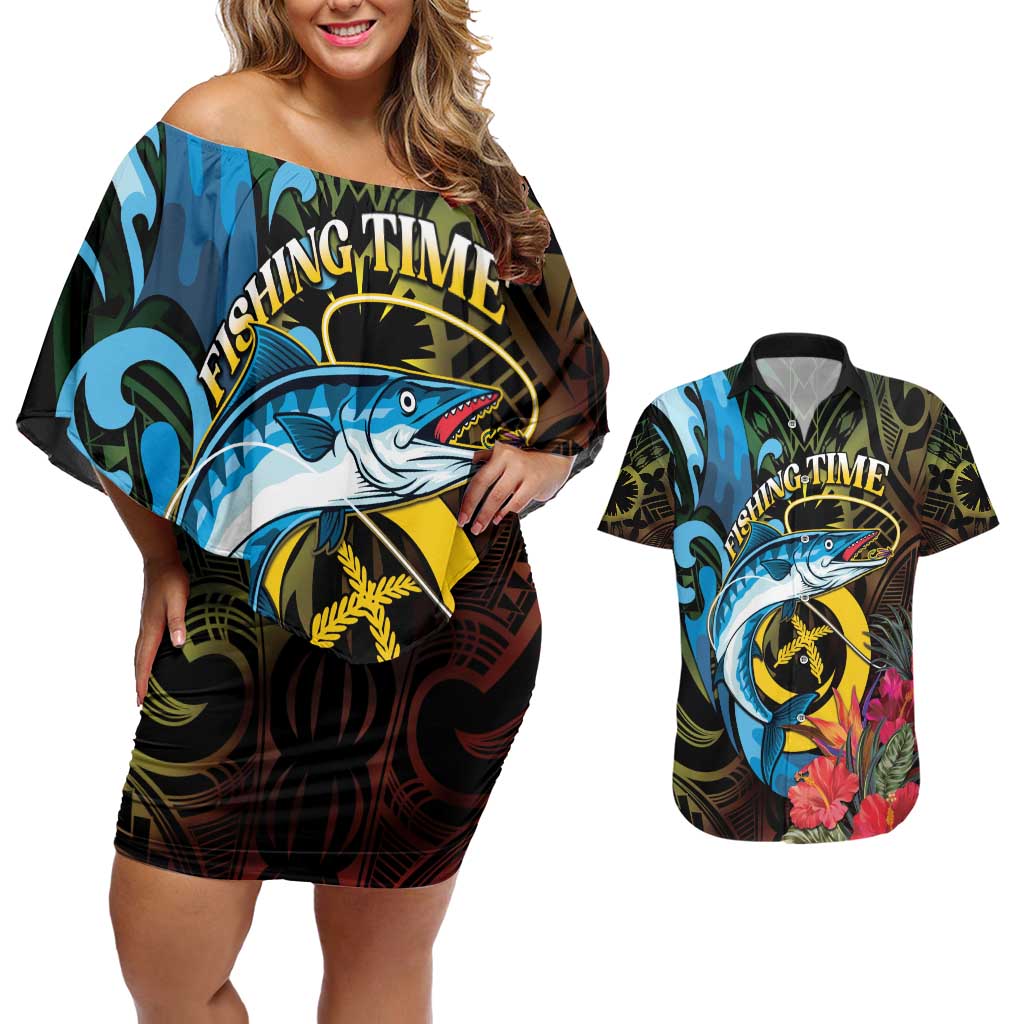 Vanuatu Fishing Couples Matching Off Shoulder Short Dress and Hawaiian Shirt It's Time To Fish LT05 Black - Polynesian Pride