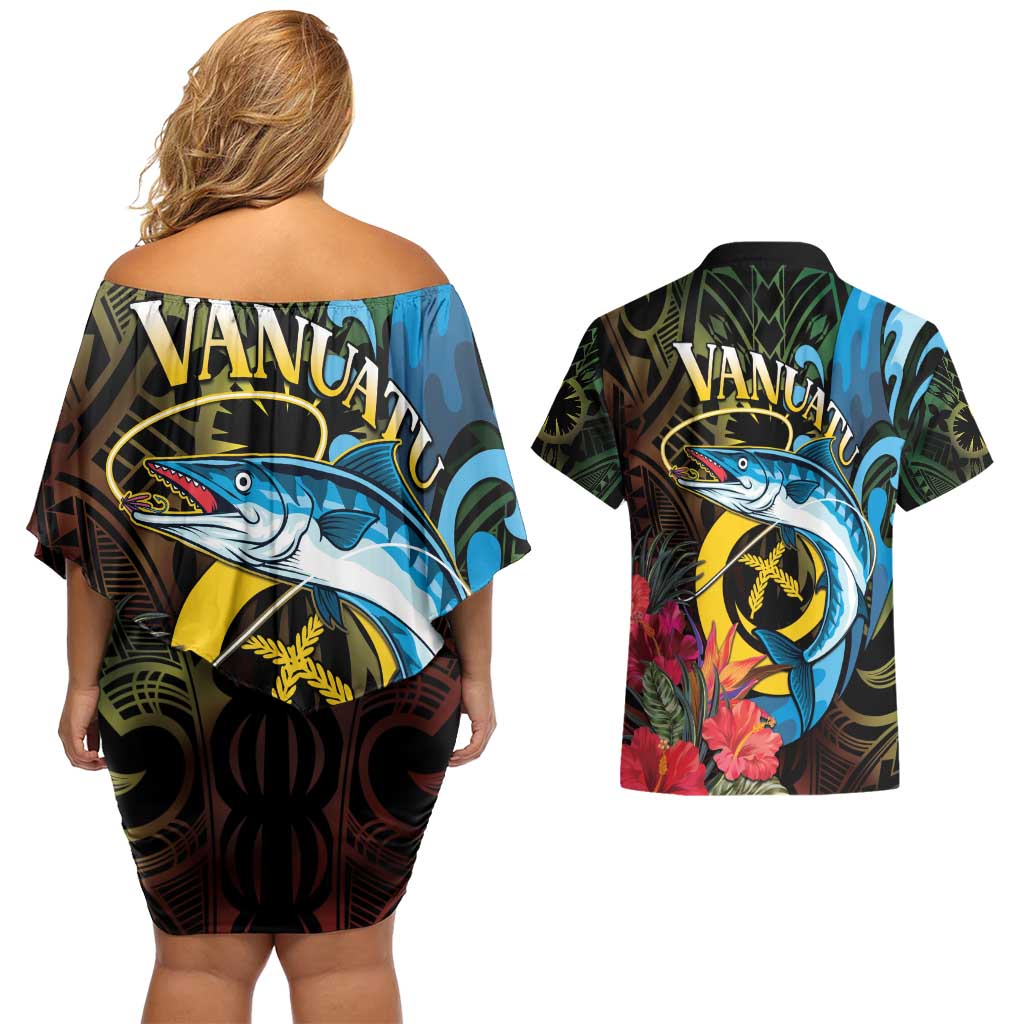 Vanuatu Fishing Couples Matching Off Shoulder Short Dress and Hawaiian Shirt It's Time To Fish LT05 - Polynesian Pride