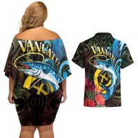 Vanuatu Fishing Couples Matching Off Shoulder Short Dress and Hawaiian Shirt It's Time To Fish LT05 - Polynesian Pride