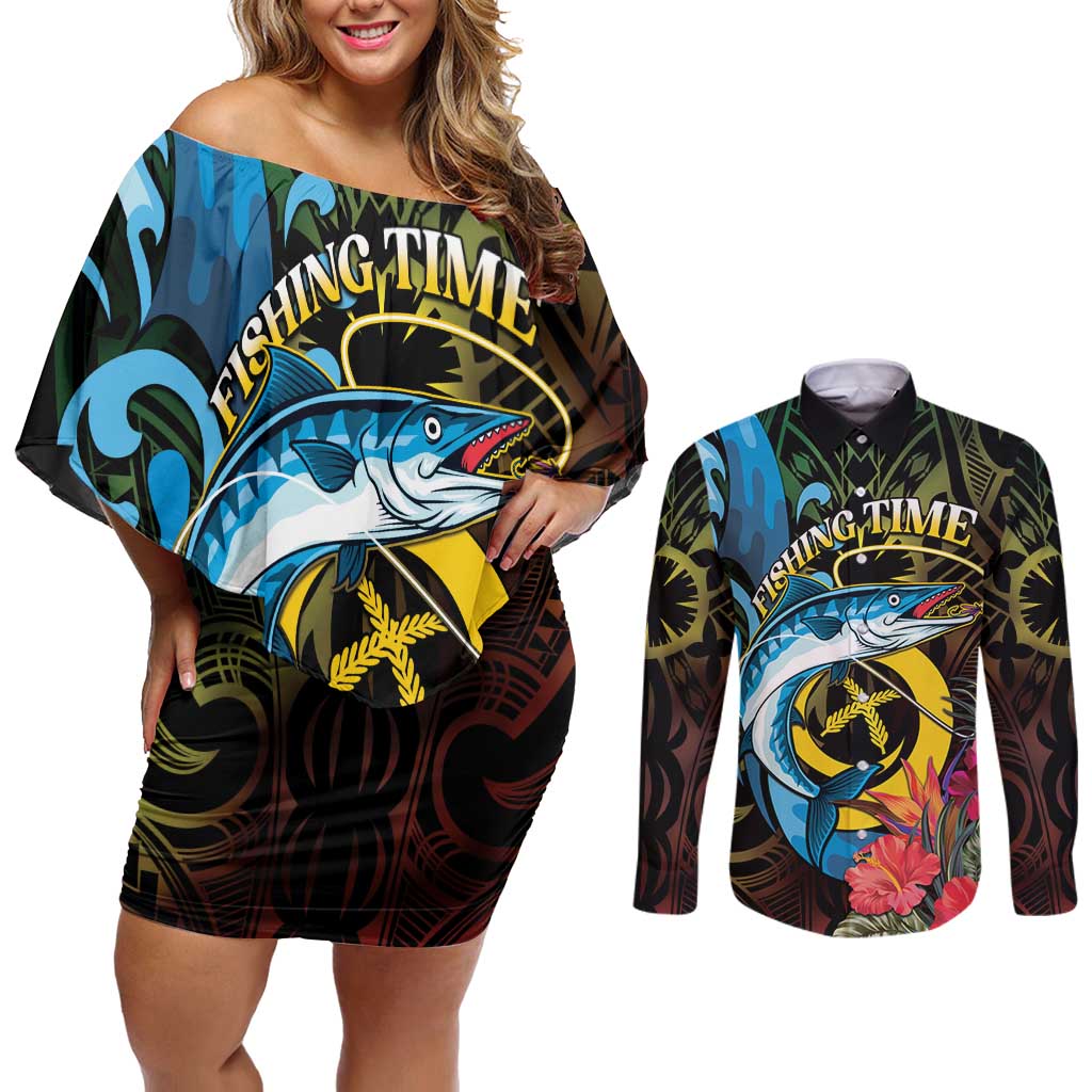 Vanuatu Fishing Couples Matching Off Shoulder Short Dress and Long Sleeve Button Shirt It's Time To Fish