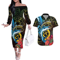 Vanuatu Fishing Couples Matching Off The Shoulder Long Sleeve Dress and Hawaiian Shirt It's Time To Fish LT05 Black - Polynesian Pride