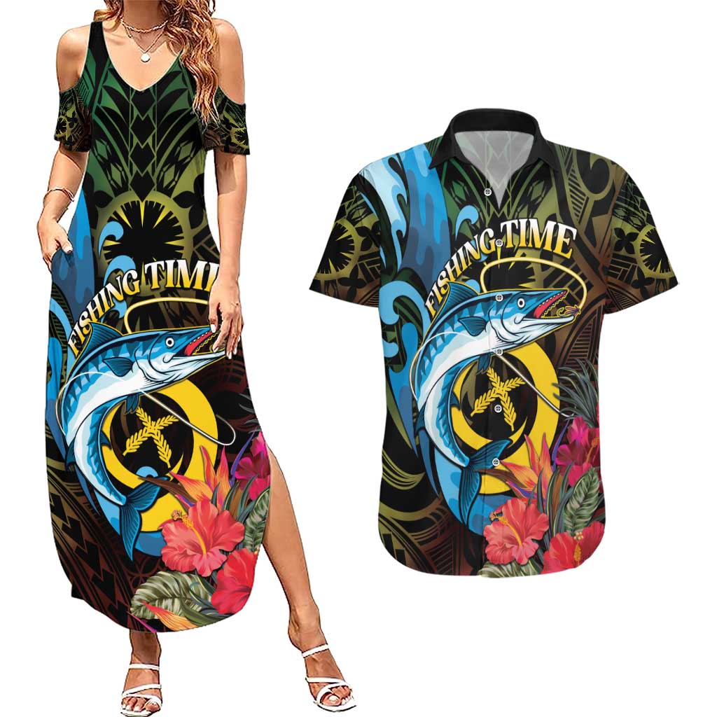 Vanuatu Fishing Couples Matching Summer Maxi Dress and Hawaiian Shirt It's Time To Fish LT05 Black - Polynesian Pride
