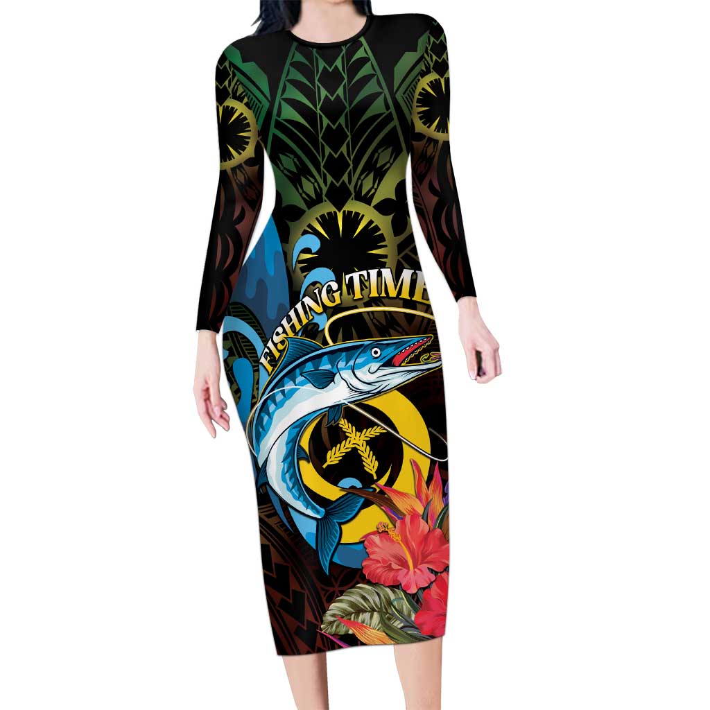 Vanuatu Fishing Family Matching Long Sleeve Bodycon Dress and Hawaiian Shirt It's Time To Fish LT05 Mom's Dress Black - Polynesian Pride