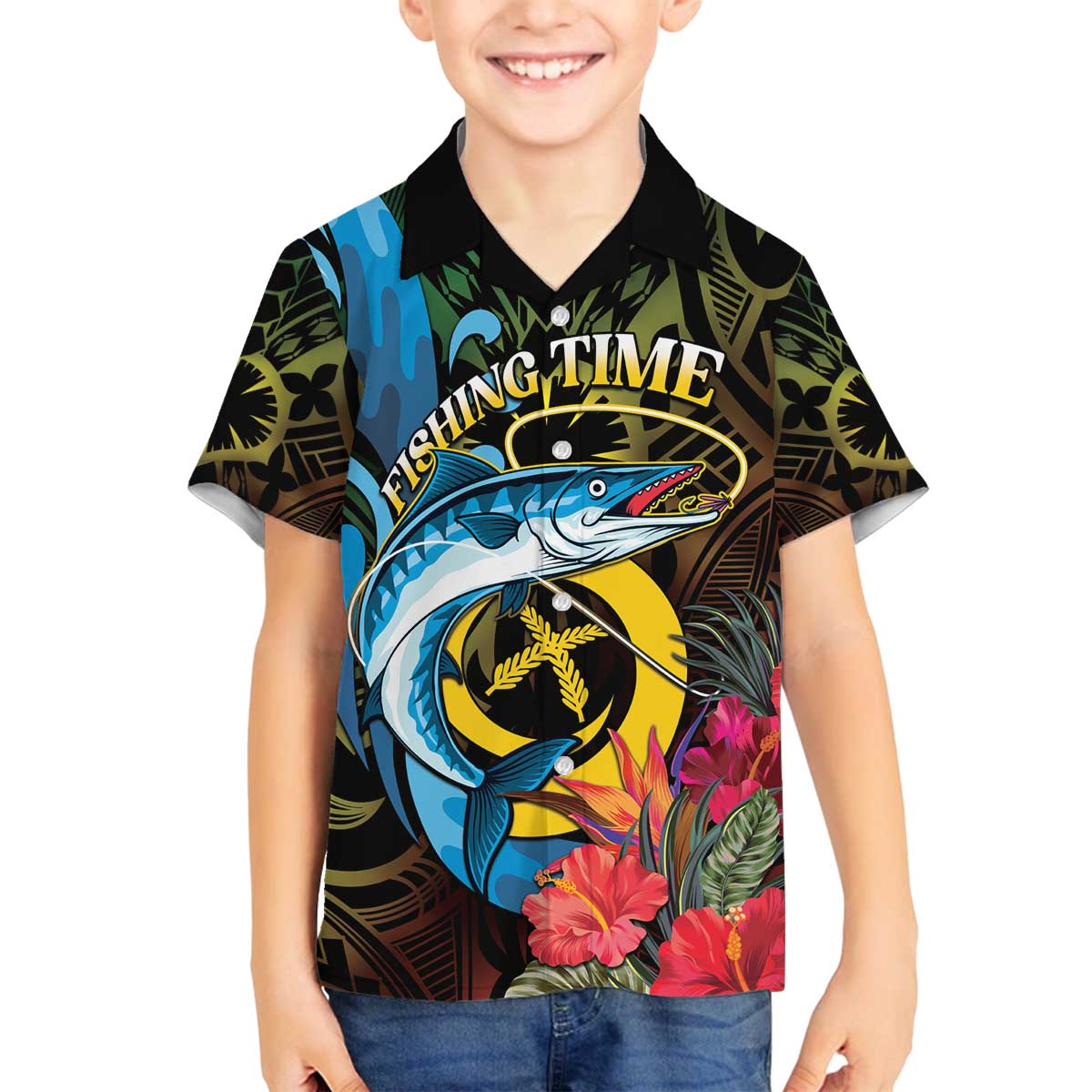 Vanuatu Fishing Family Matching Off The Shoulder Long Sleeve Dress and Hawaiian Shirt It's Time To Fish LT05 Son's Shirt Black - Polynesian Pride