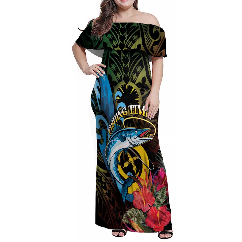 Vanuatu Fishing Family Matching Off Shoulder Maxi Dress and Hawaiian Shirt It's Time To Fish LT05 Mom's Dress Black - Polynesian Pride