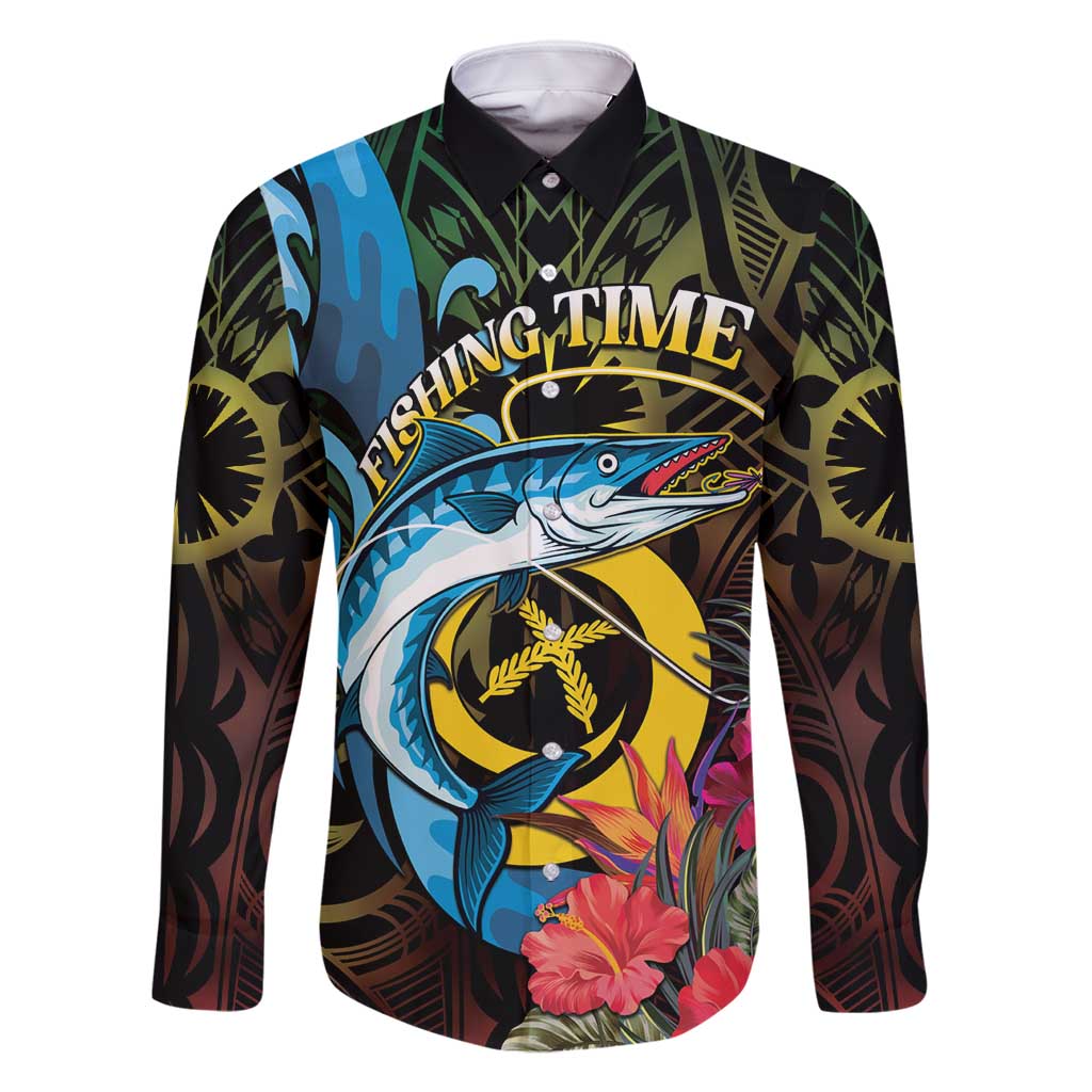 Vanuatu Fishing Family Matching Off Shoulder Short Dress and Hawaiian Shirt It's Time To Fish LT05 Dad's Shirt - Long Sleeve Black - Polynesian Pride