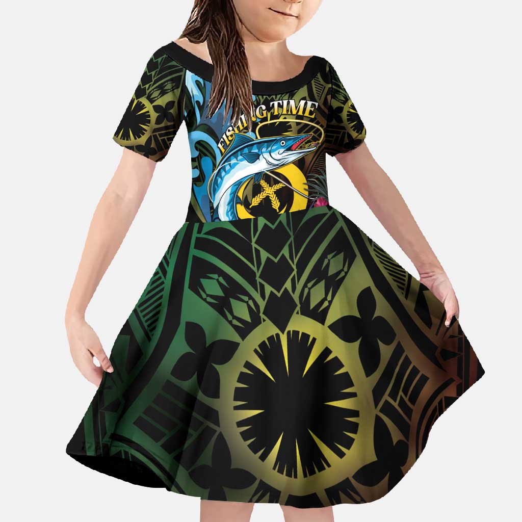 Vanuatu Fishing Family Matching Summer Maxi Dress and Hawaiian Shirt It's Time To Fish LT05 Daughter's Dress Black - Polynesian Pride