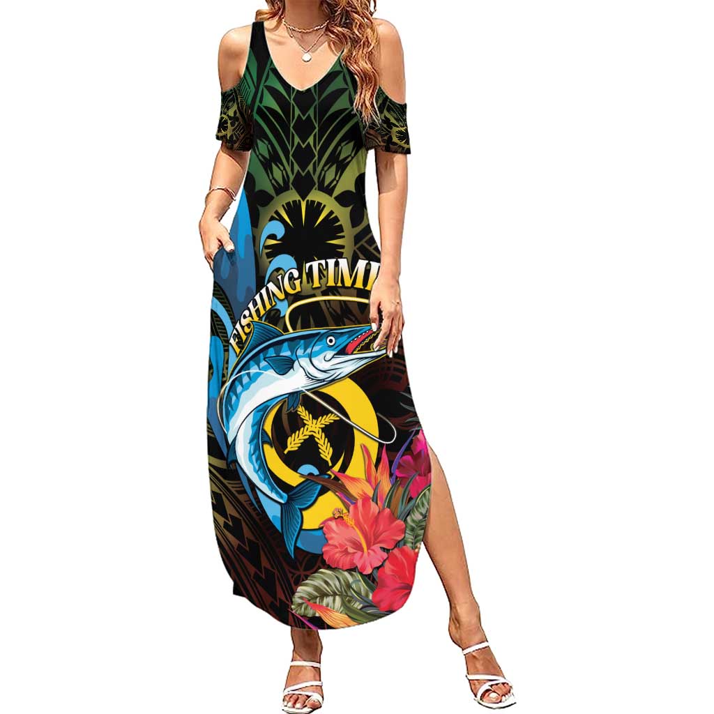 Vanuatu Fishing Family Matching Summer Maxi Dress and Hawaiian Shirt It's Time To Fish LT05 Mom's Dress Black - Polynesian Pride