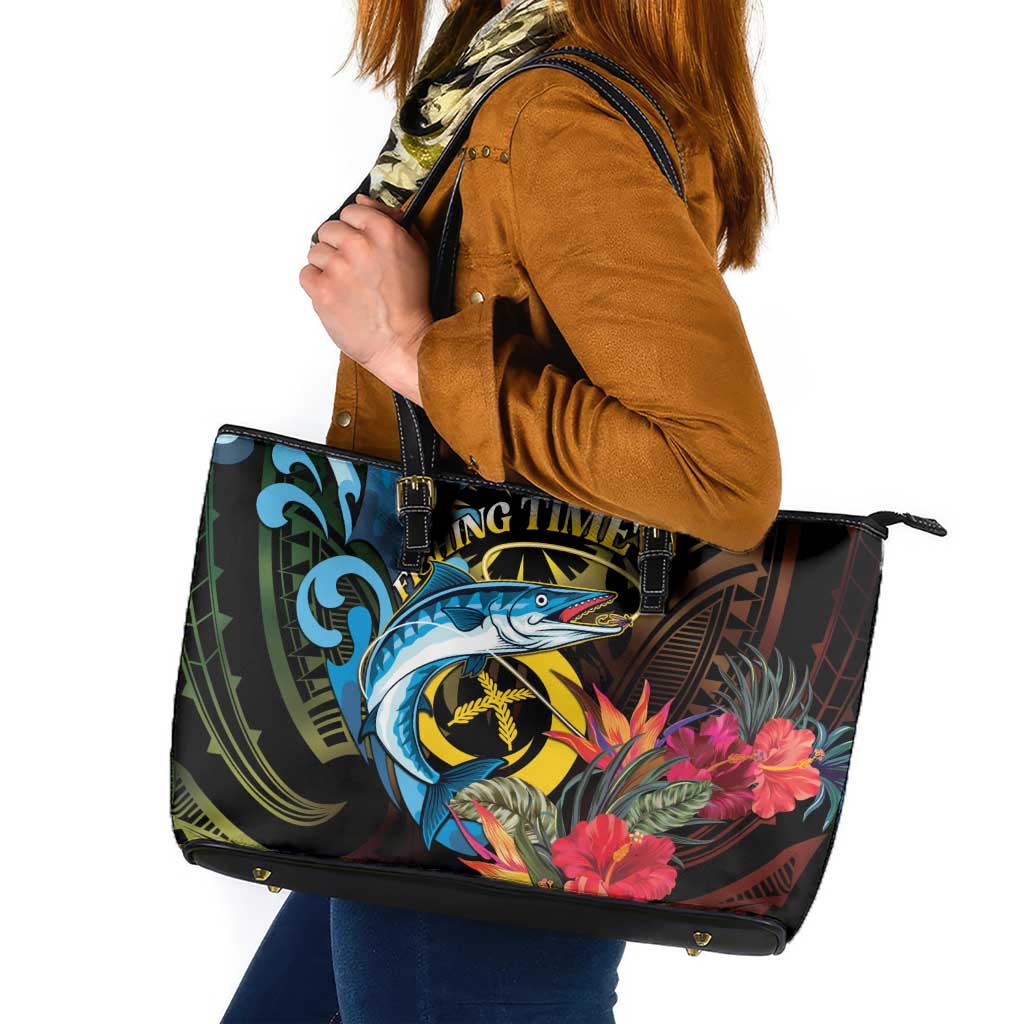 Vanuatu Fishing Leather Tote Bag It's Time To Fish LT05 Black - Polynesian Pride