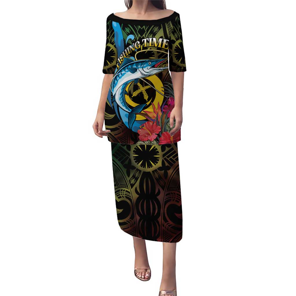 Vanuatu Fishing Puletasi It's Time To Fish LT05 Long Dress Black - Polynesian Pride