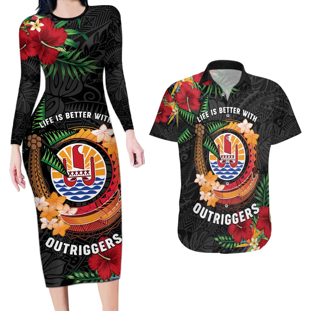 Personalised French Polynesia Outrigger Canoe Race Couples Matching Long Sleeve Bodycon Dress and Hawaiian Shirt Tropical Vibe LT05 Black - Polynesian Pride