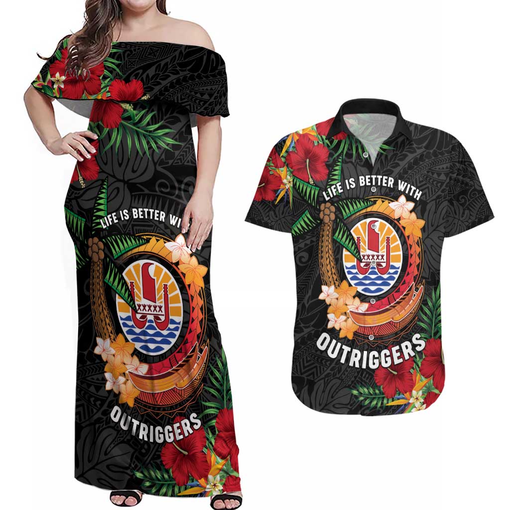 Personalised French Polynesia Outrigger Canoe Race Couples Matching Off Shoulder Maxi Dress and Hawaiian Shirt Tropical Vibe LT05 Black - Polynesian Pride