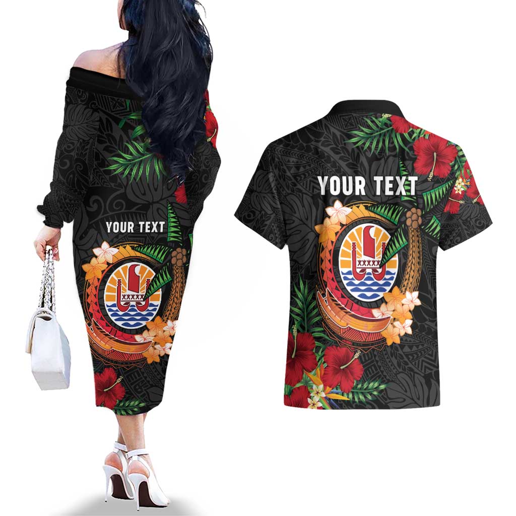 Personalised French Polynesia Outrigger Canoe Race Couples Matching Off The Shoulder Long Sleeve Dress and Hawaiian Shirt Tropical Vibe LT05 - Polynesian Pride