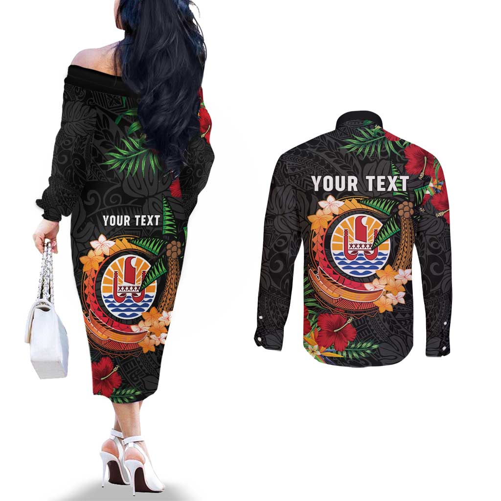Personalised French Polynesia Outrigger Canoe Race Couples Matching Off The Shoulder Long Sleeve Dress and Long Sleeve Button Shirt Tropical Vibe LT05 - Polynesian Pride