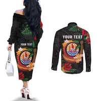 Personalised French Polynesia Outrigger Canoe Race Couples Matching Off The Shoulder Long Sleeve Dress and Long Sleeve Button Shirt Tropical Vibe LT05 - Polynesian Pride