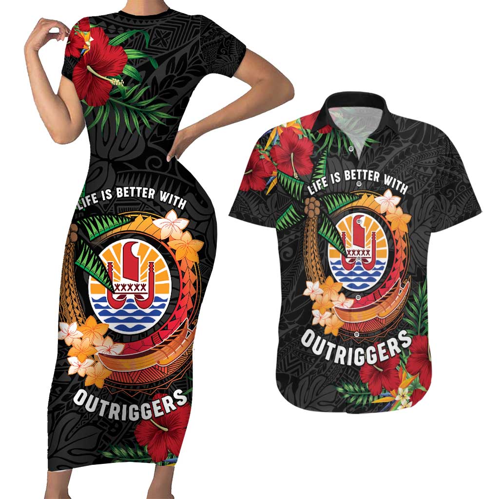 Personalised French Polynesia Outrigger Canoe Race Couples Matching Short Sleeve Bodycon Dress and Hawaiian Shirt Tropical Vibe LT05 Black - Polynesian Pride
