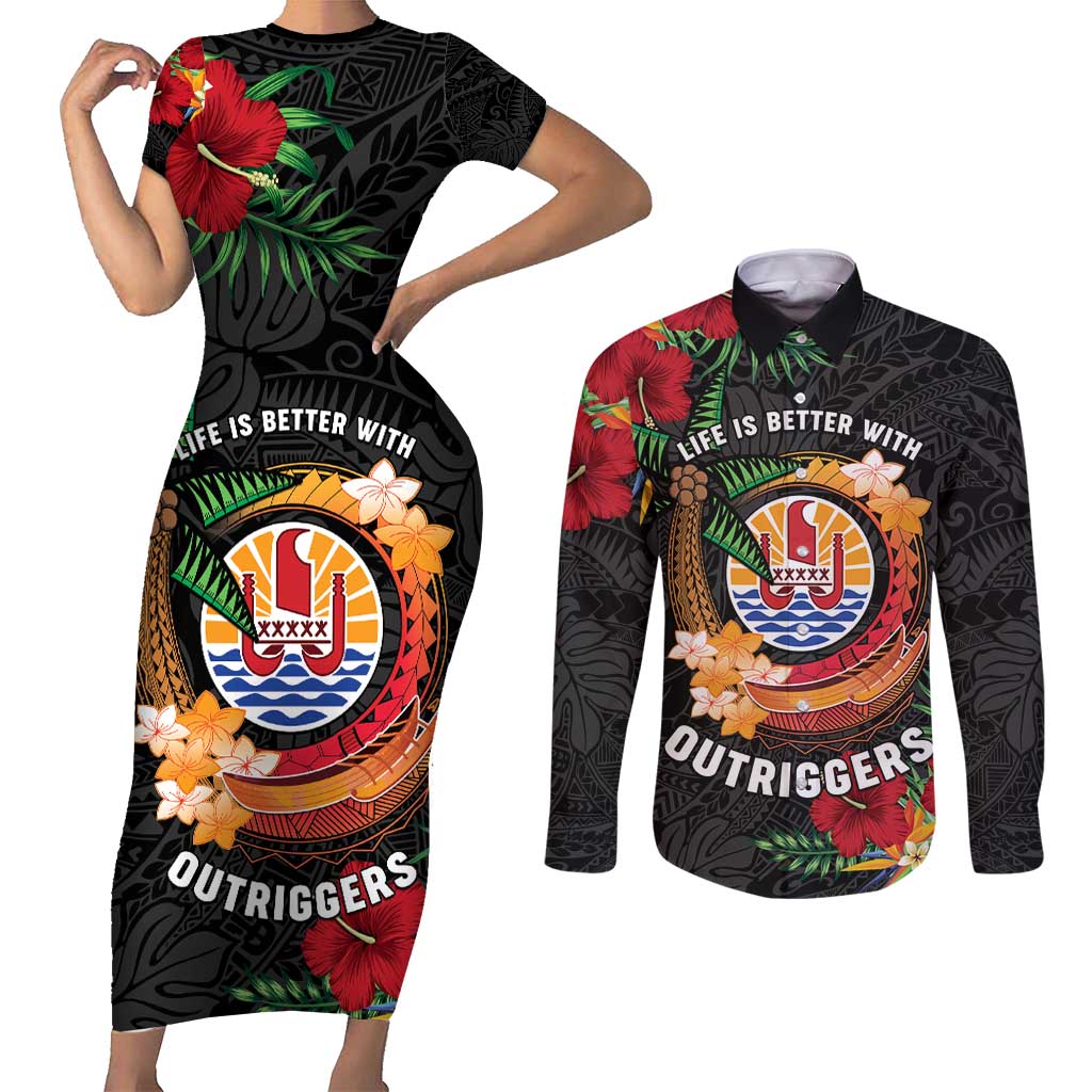Personalised French Polynesia Outrigger Canoe Race Couples Matching Short Sleeve Bodycon Dress and Long Sleeve Button Shirt Tropical Vibe LT05 Black - Polynesian Pride