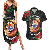 Personalised French Polynesia Outrigger Canoe Race Couples Matching Summer Maxi Dress and Hawaiian Shirt Tropical Vibe LT05 Black - Polynesian Pride