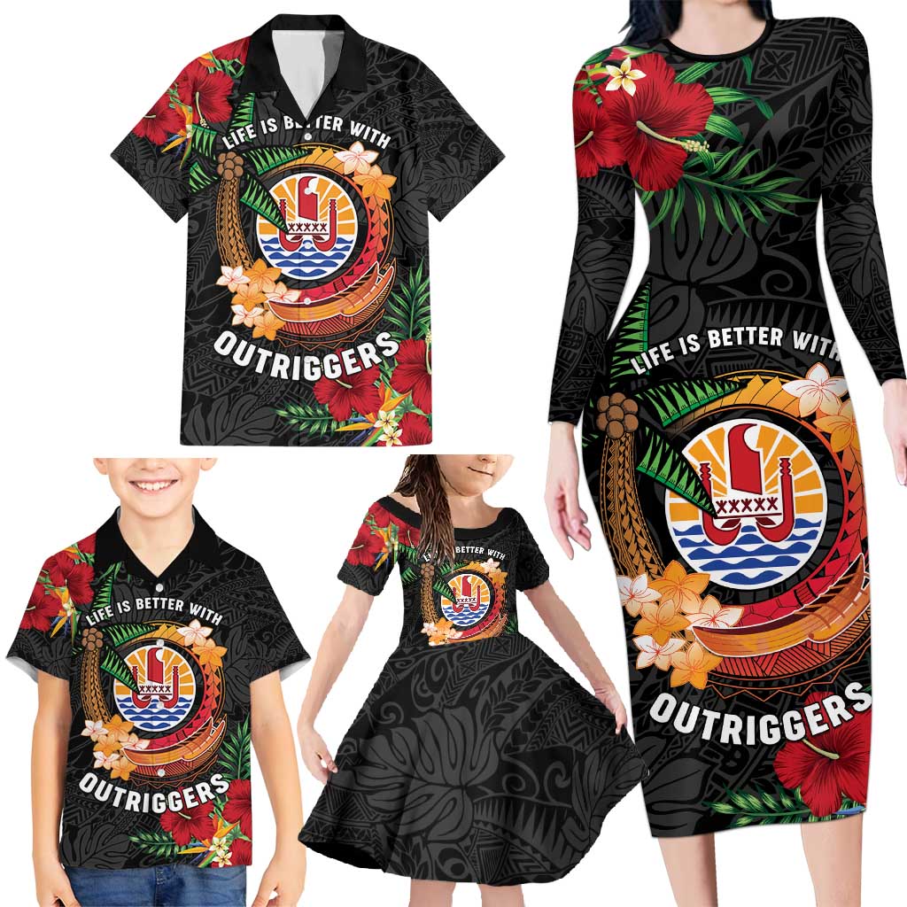 Personalised French Polynesia Outrigger Canoe Race Family Matching Long Sleeve Bodycon Dress and Hawaiian Shirt Tropical Vibe LT05 - Polynesian Pride