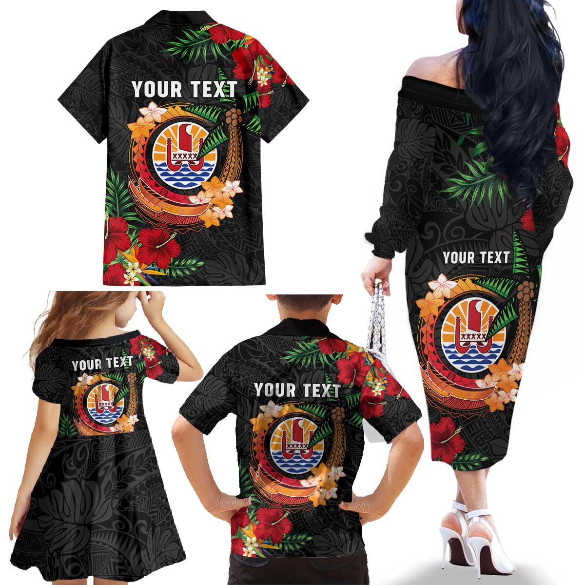 Personalised French Polynesia Outrigger Canoe Race Family Matching Off The Shoulder Long Sleeve Dress and Hawaiian Shirt Tropical Vibe LT05 - Polynesian Pride