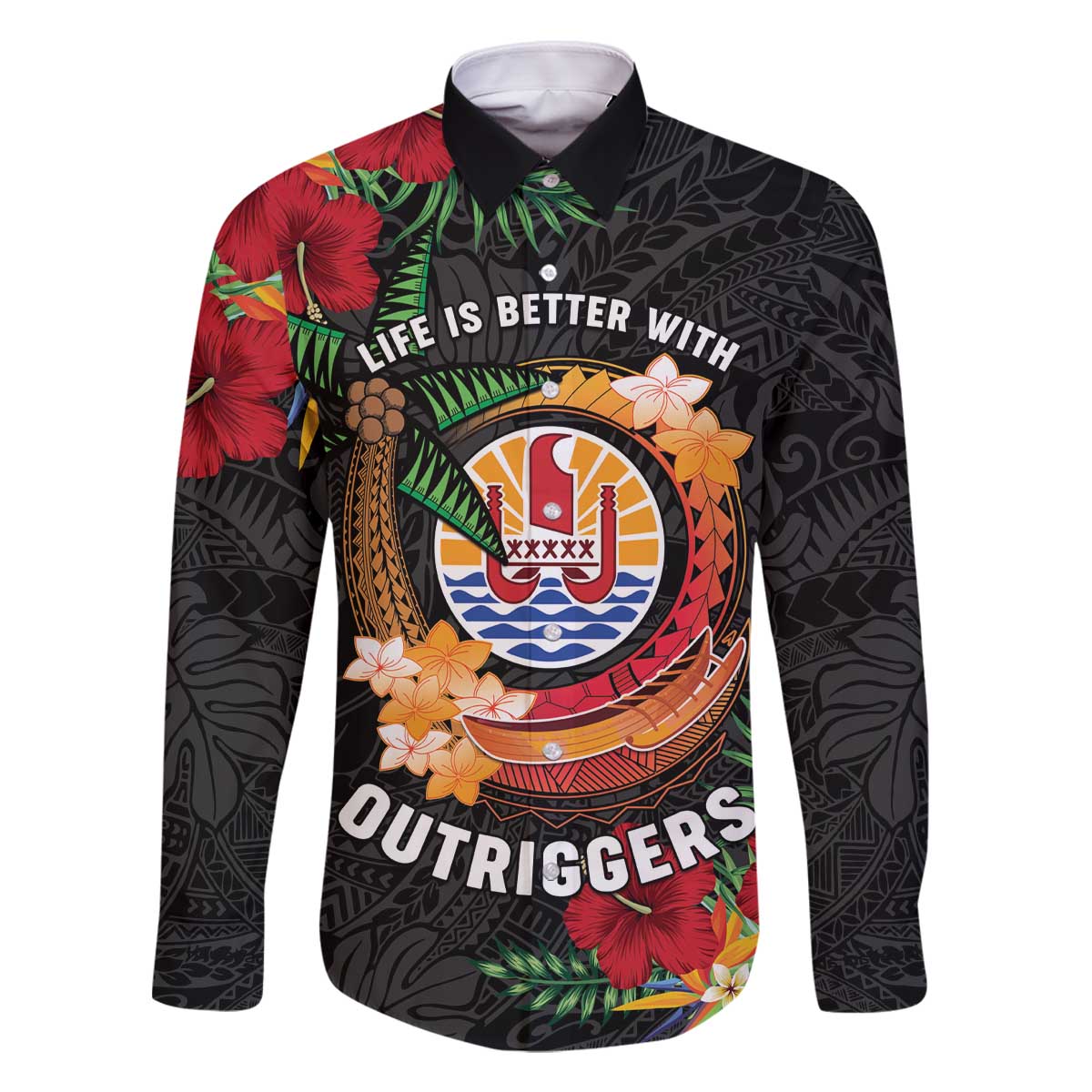 Personalised French Polynesia Outrigger Canoe Race Family Matching Off The Shoulder Long Sleeve Dress and Hawaiian Shirt Tropical Vibe LT05 Dad's Shirt - Long Sleeve Black - Polynesian Pride