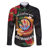 Personalised French Polynesia Outrigger Canoe Race Family Matching Off The Shoulder Long Sleeve Dress and Hawaiian Shirt Tropical Vibe LT05 Dad's Shirt - Long Sleeve Black - Polynesian Pride
