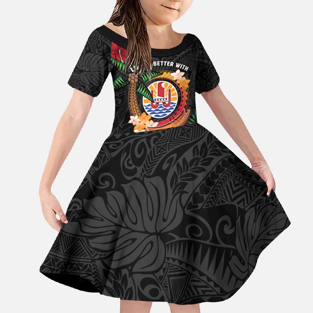 Personalised French Polynesia Outrigger Canoe Race Family Matching Off Shoulder Maxi Dress and Hawaiian Shirt Tropical Vibe LT05 Daughter's Dress Black - Polynesian Pride