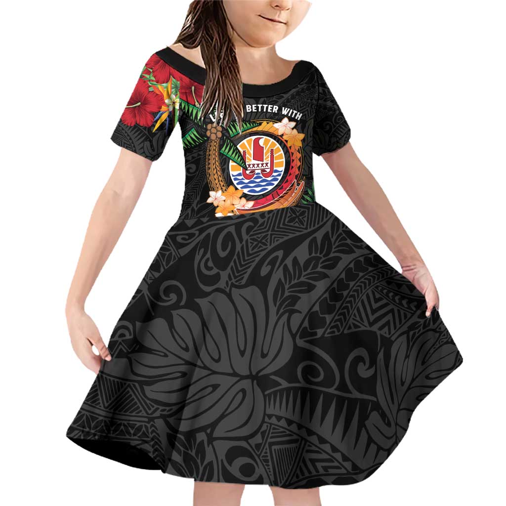 Personalised French Polynesia Outrigger Canoe Race Family Matching Off Shoulder Short Dress and Hawaiian Shirt Tropical Vibe LT05 Daughter's Dress Black - Polynesian Pride