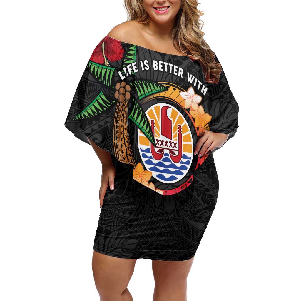 Personalised French Polynesia Outrigger Canoe Race Family Matching Off Shoulder Short Dress and Hawaiian Shirt Tropical Vibe LT05 Mom's Dress Black - Polynesian Pride