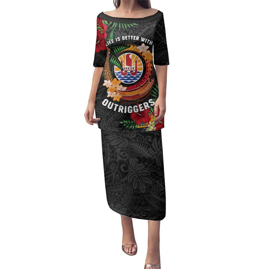 Personalised French Polynesia Outrigger Canoe Race Family Matching Puletasi and Hawaiian Shirt Tropical Vibe LT05 Mom's Dress Black - Polynesian Pride