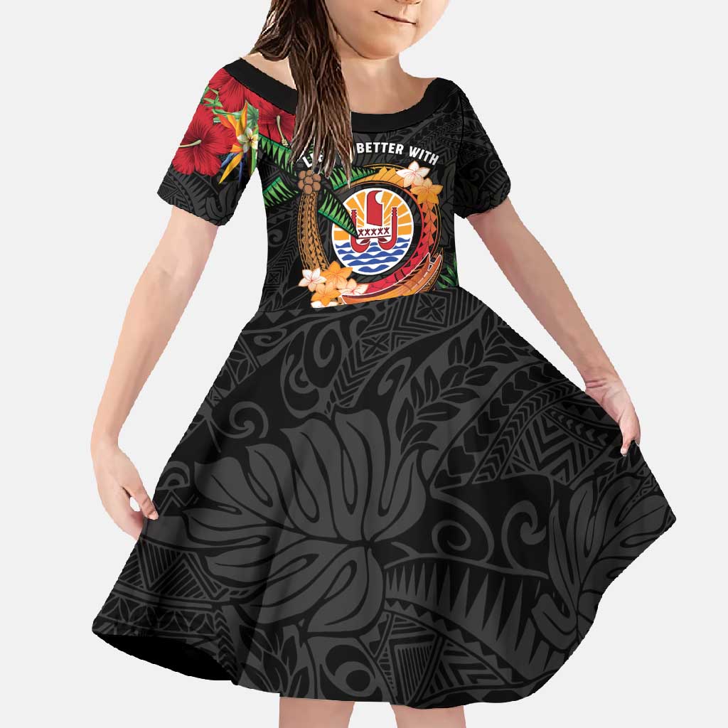 Personalised French Polynesia Outrigger Canoe Race Family Matching Summer Maxi Dress and Hawaiian Shirt Tropical Vibe LT05 Daughter's Dress Black - Polynesian Pride
