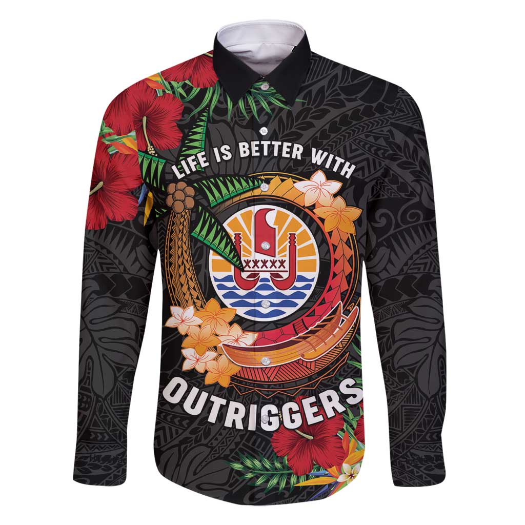 Personalised French Polynesia Outrigger Canoe Race Family Matching Summer Maxi Dress and Hawaiian Shirt Tropical Vibe LT05 Dad's Shirt - Long Sleeve Black - Polynesian Pride