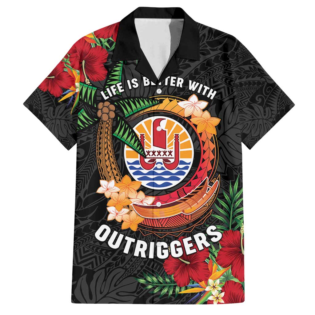 Personalised French Polynesia Outrigger Canoe Race Family Matching Tank Maxi Dress and Hawaiian Shirt Tropical Vibe LT05 Dad's Shirt - Short Sleeve Black - Polynesian Pride