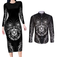 Aotearoa Toitu Te Tiriti Couples Matching Long Sleeve Bodycon Dress and Long Sleeve Button Shirt Ka Mua Ka Muri LT05 Black - Polynesian Pride
