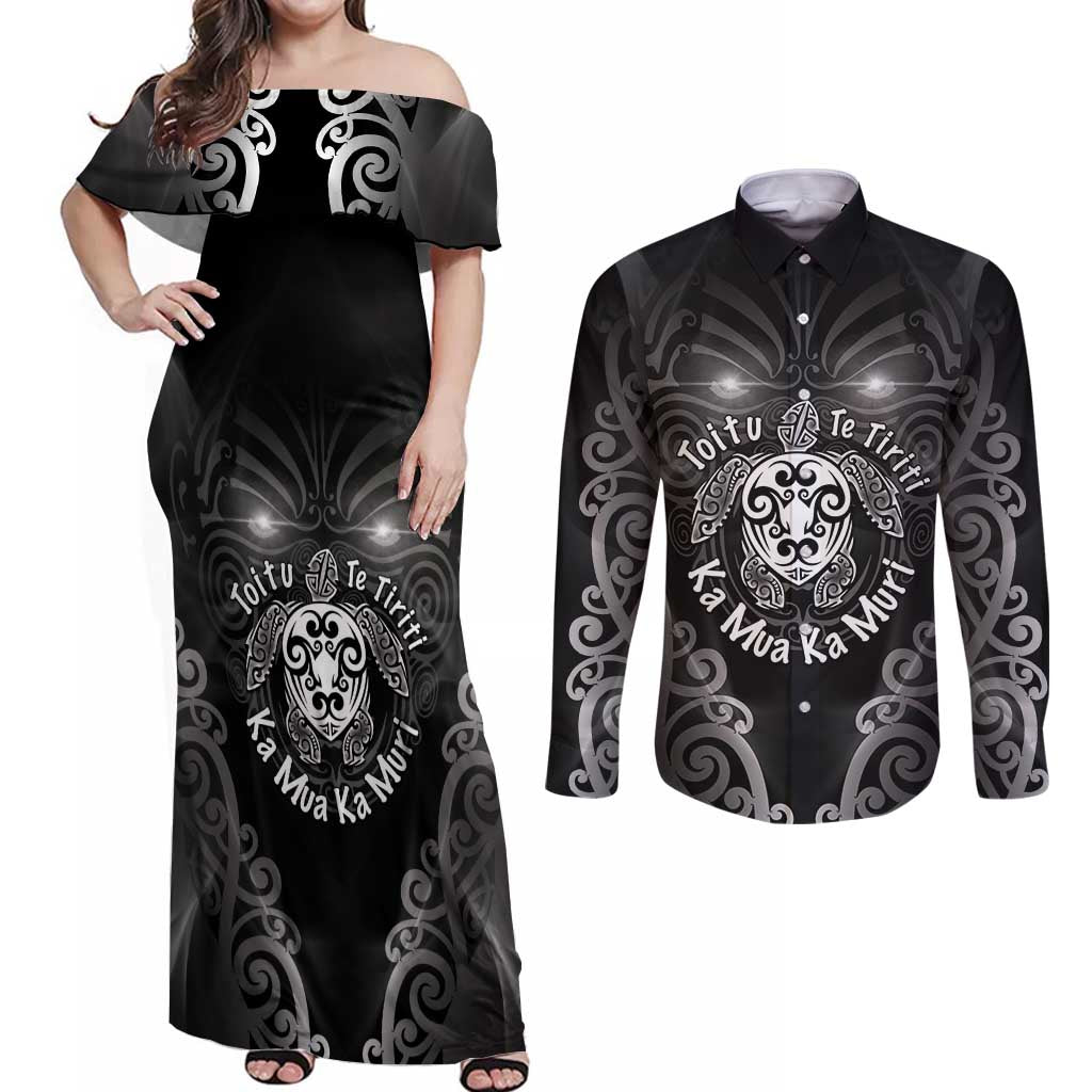 Aotearoa Toitu Te Tiriti Couples Matching Off Shoulder Maxi Dress and Long Sleeve Button Shirt Ka Mua Ka Muri LT05 Black - Polynesian Pride