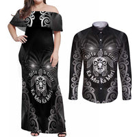Aotearoa Toitu Te Tiriti Couples Matching Off Shoulder Maxi Dress and Long Sleeve Button Shirt Ka Mua Ka Muri LT05 Black - Polynesian Pride