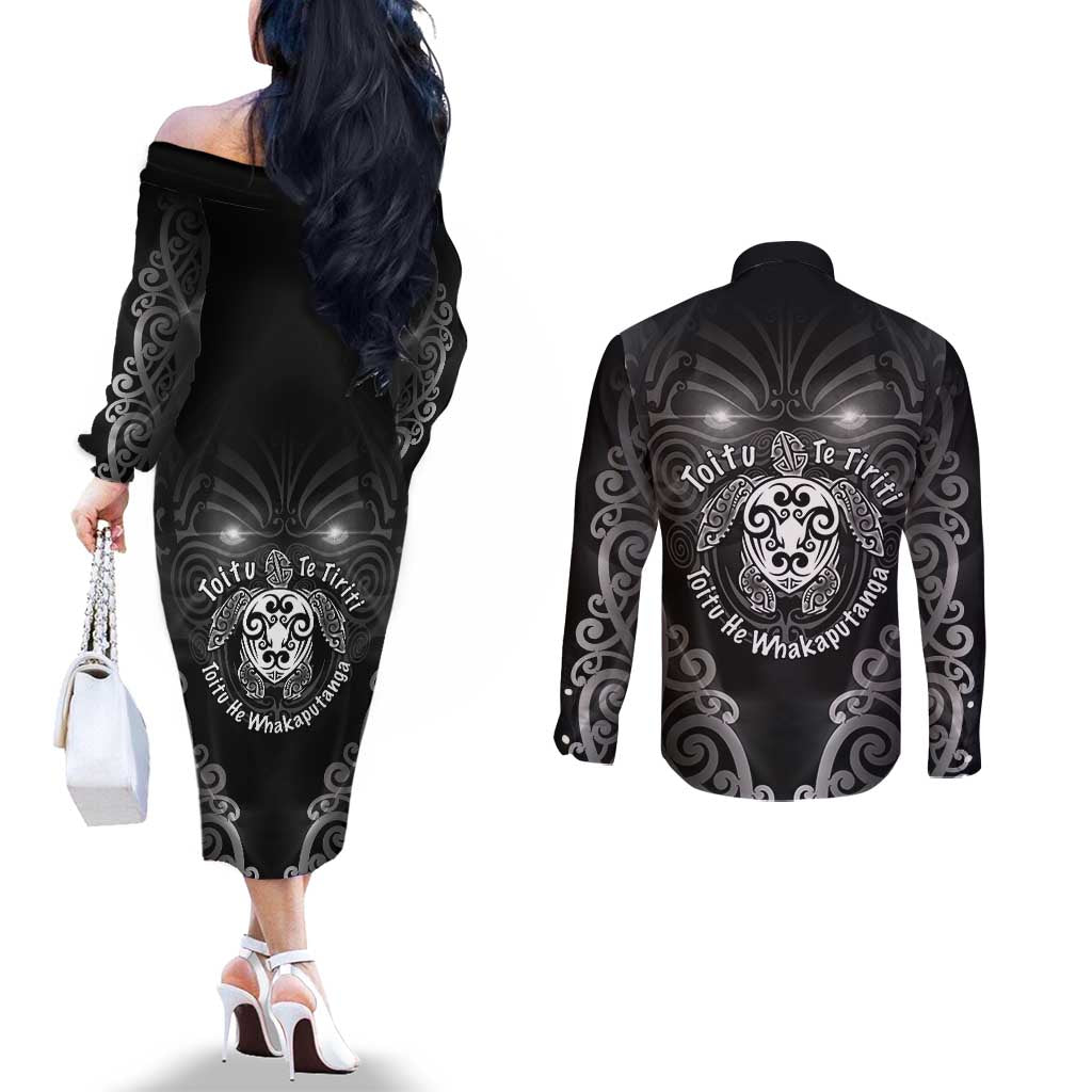 Aotearoa Toitu Te Tiriti Couples Matching Off The Shoulder Long Sleeve Dress and Long Sleeve Button Shirt Ka Mua Ka Muri LT05 - Polynesian Pride